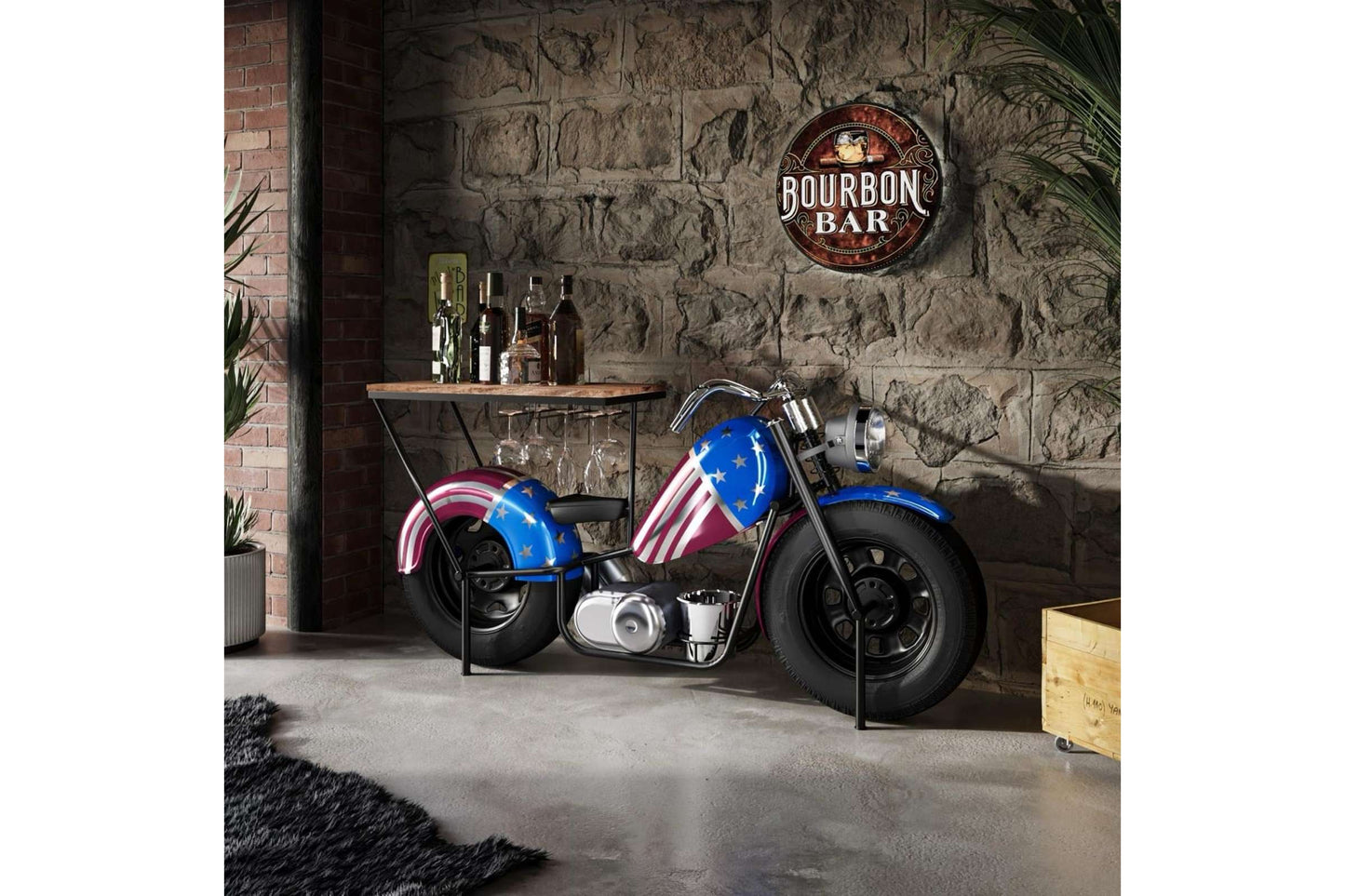 Red, White and Blue Motorcycle Bar - Vintage Iron Accent