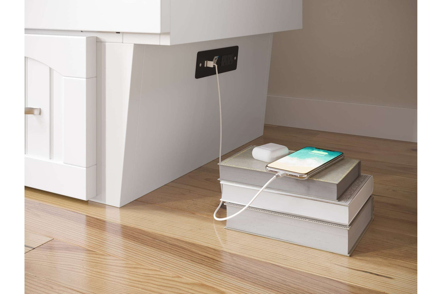 Sydney Twin Wood Murphy Bed Chest with Storage Drawer & Charging Station - White