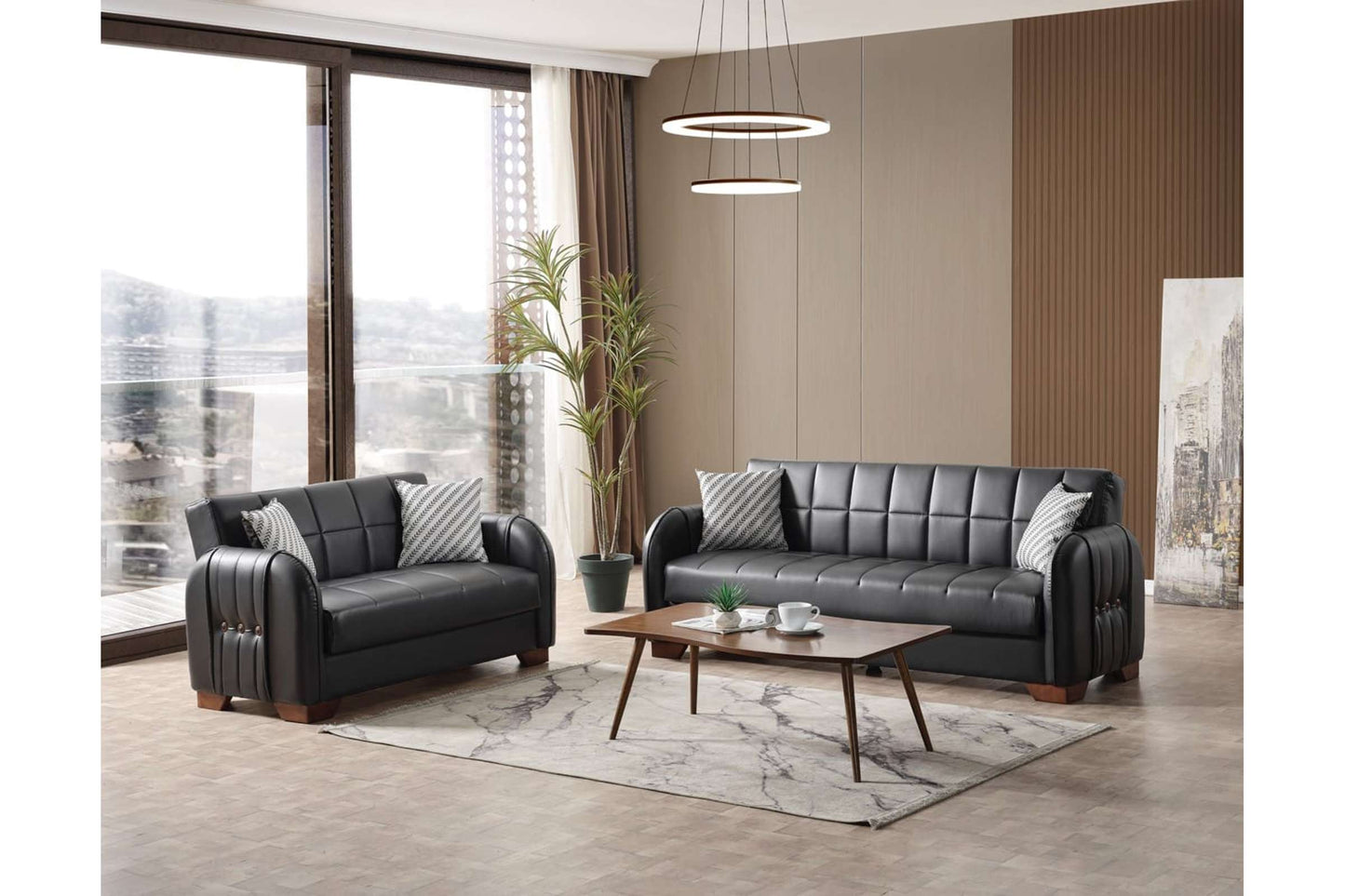 Button PU Leather 83" Wide Convertible Sofa with Storage - Black