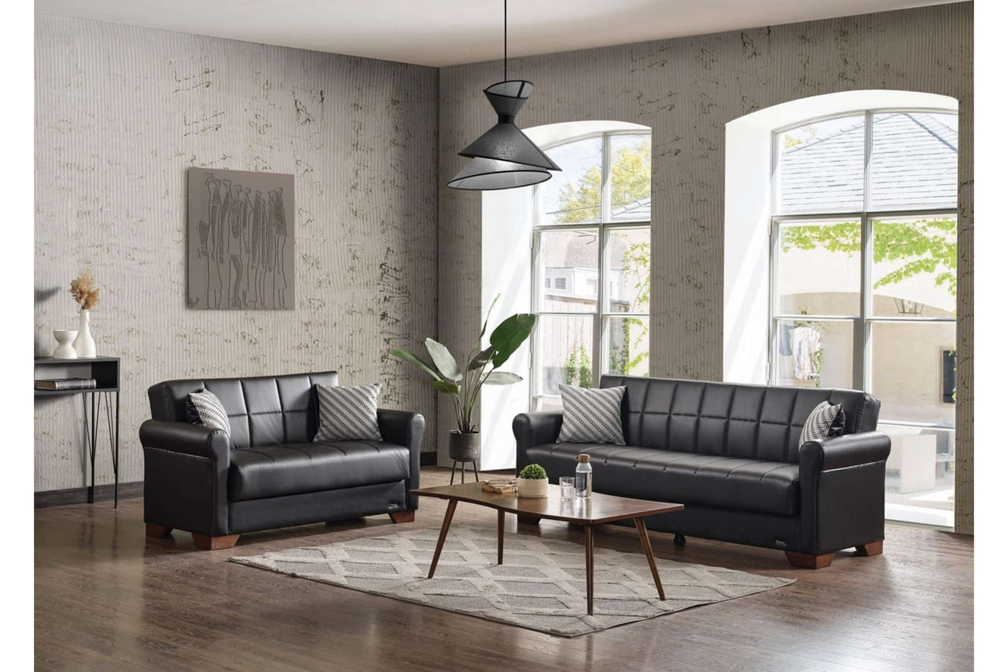 Orbit Black PU Leather Convertible Sofa Bed with Storage