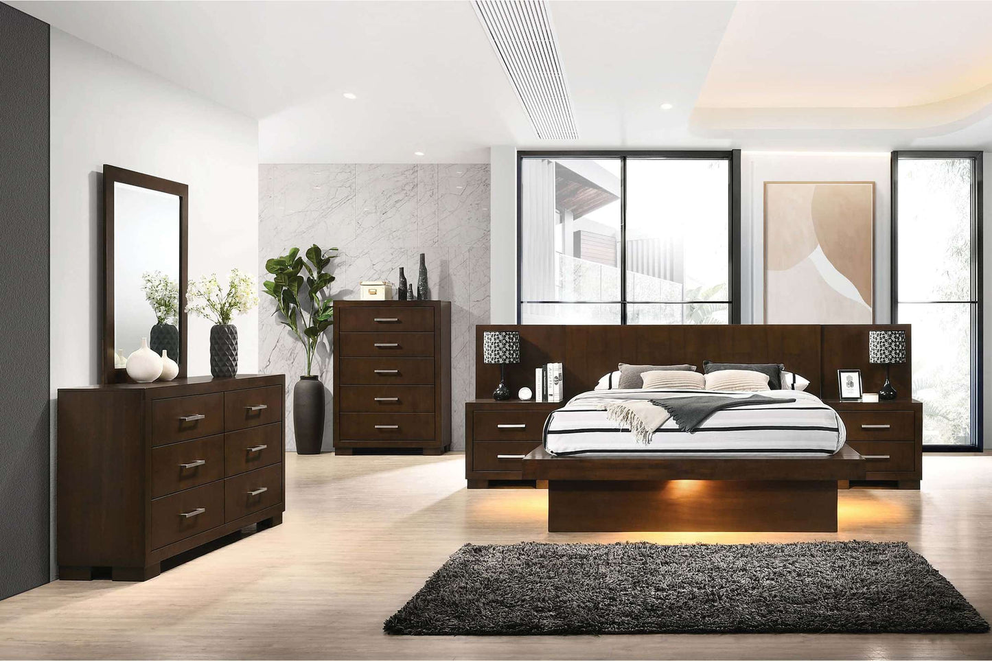 Jessica Wood Queen LED Panel Bed with Floating Frame Illusion - Cappuccino