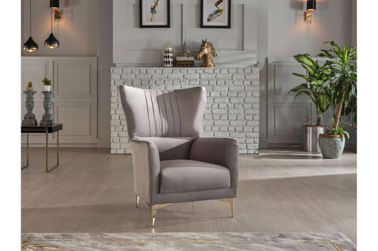 Carlino Accent Chair Napoly Gray by Bellona - Modern Upholstered Chair with Gold Trim