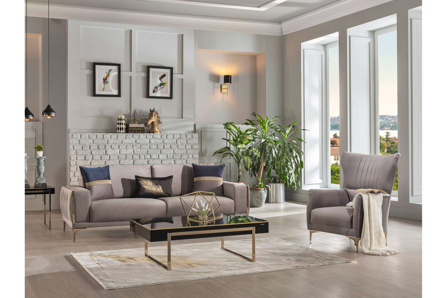 Carlino Accent Chair Napoly Gray by Bellona - Modern Upholstered Chair with Gold Trim