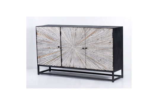 Astral Plains Grey Wash Reclaimed 3 Door Accent Cabinet with Starburst Pattern