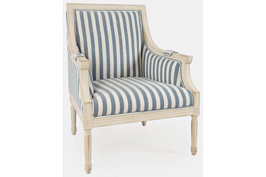 Mckenna Blue Stripe Accent Chair with Exposed Solid Wood Frame and Upholstered Arms