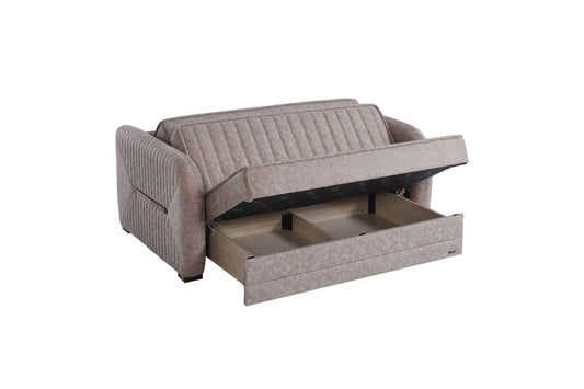 Speedy Beige Fabric Convertible Loveseat with Hidden Storage and Zero-Wall Mechanism
