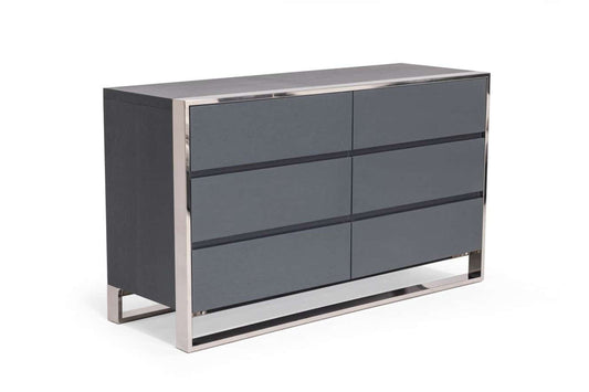 Modrest Jolene Modern Grey Oak Veneer 6-Drawer Dresser with Stainless Steel Frame
