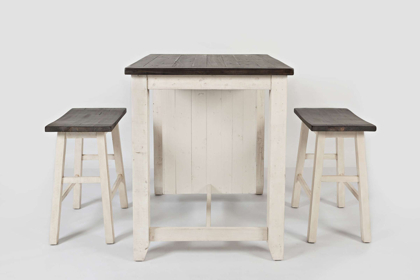 Madison County Vintage White 3 Piece Counter Height Set with Storage Table and Scoop Stools