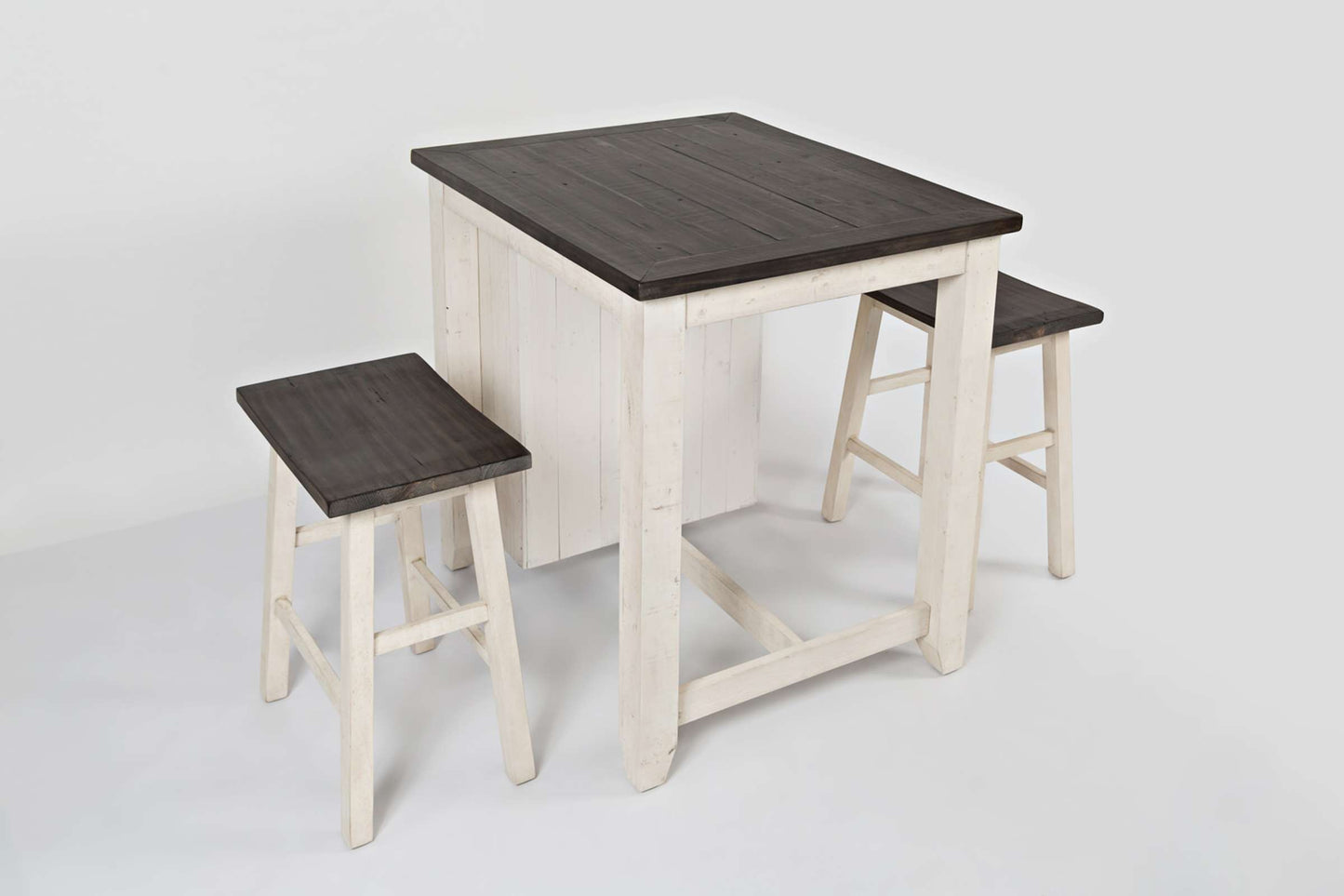 Madison County Vintage White 3 Piece Counter Height Set with Storage Table and Scoop Stools