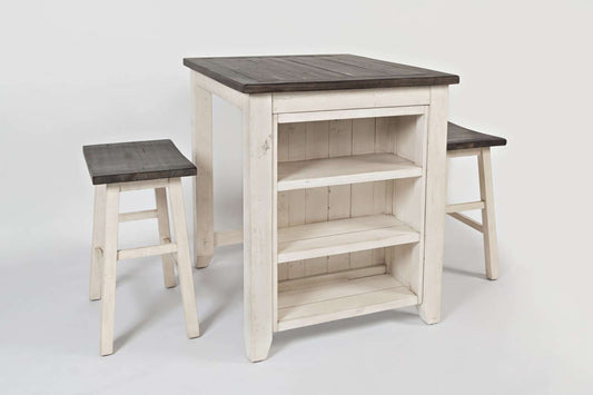 Madison County Vintage White 3 Piece Counter Height Set with Storage Table and Scoop Stools