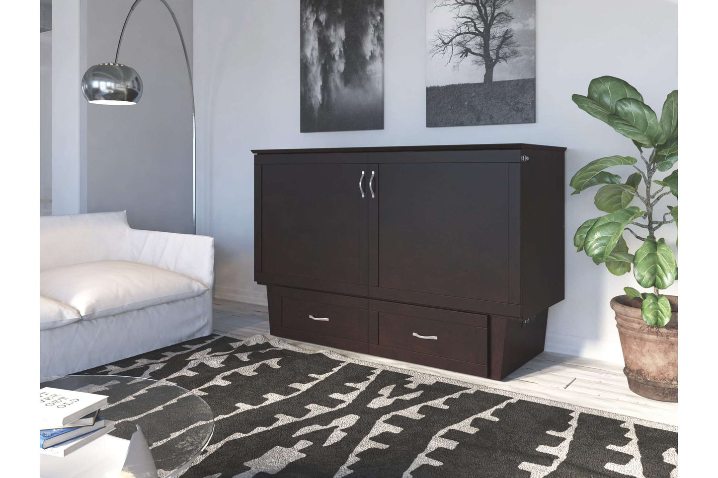 Chelsea Mid-Century Modern Queen Solid Wood Murphy Bed Chest w/Mattress in Espresso - Space-Saving Cabinet Bed