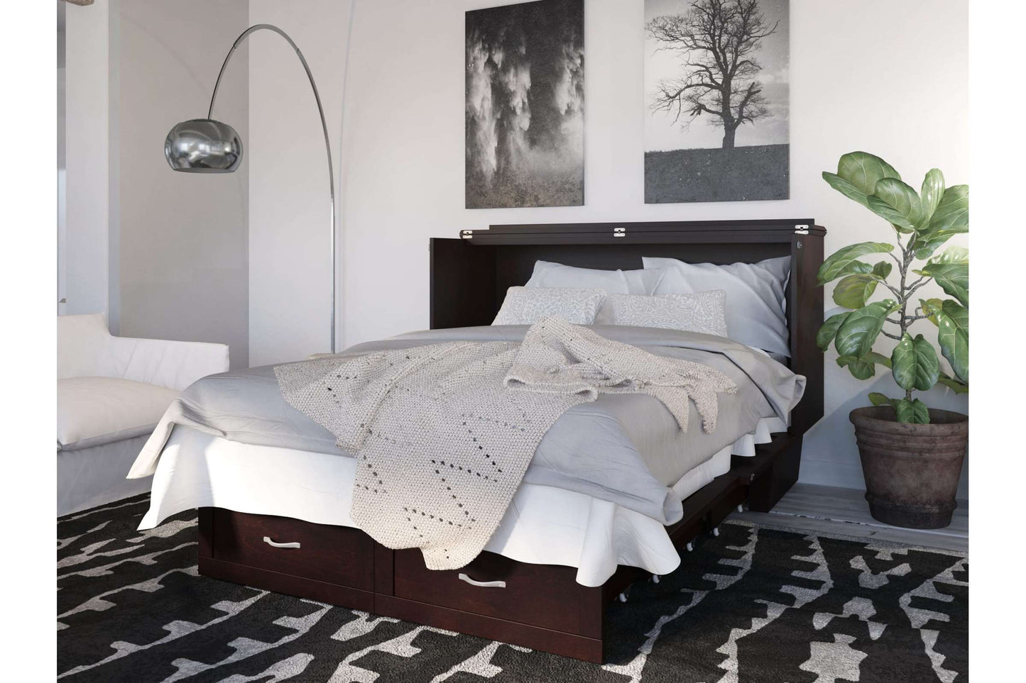Chelsea Mid-Century Modern Queen Solid Wood Murphy Bed Chest w/Mattress in Espresso - Space-Saving Cabinet Bed