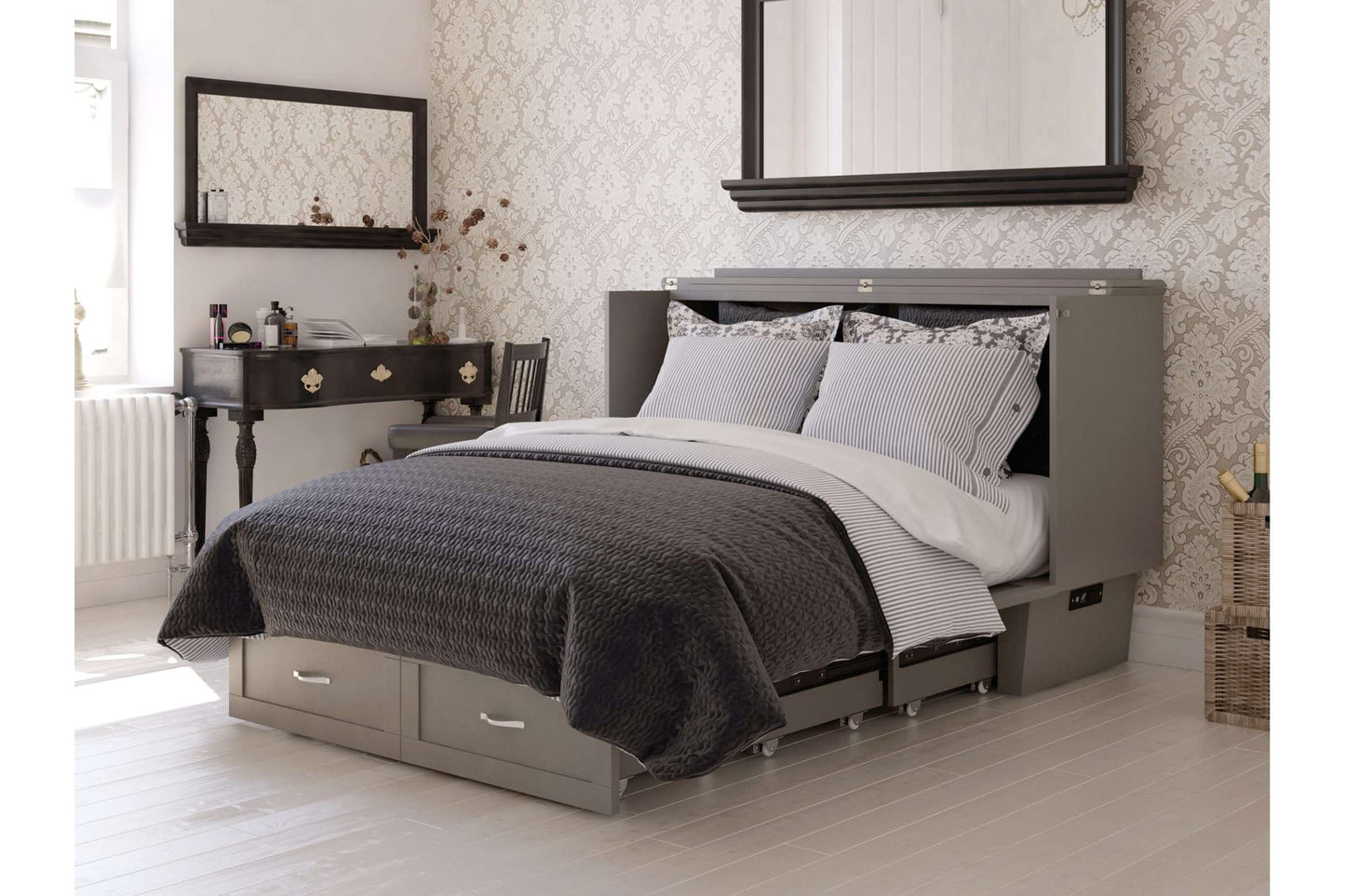 Chelsea Mid-Century Modern Queen Solid Wood Murphy Bed Chest with Mattress in Grey - AFI Furnishings