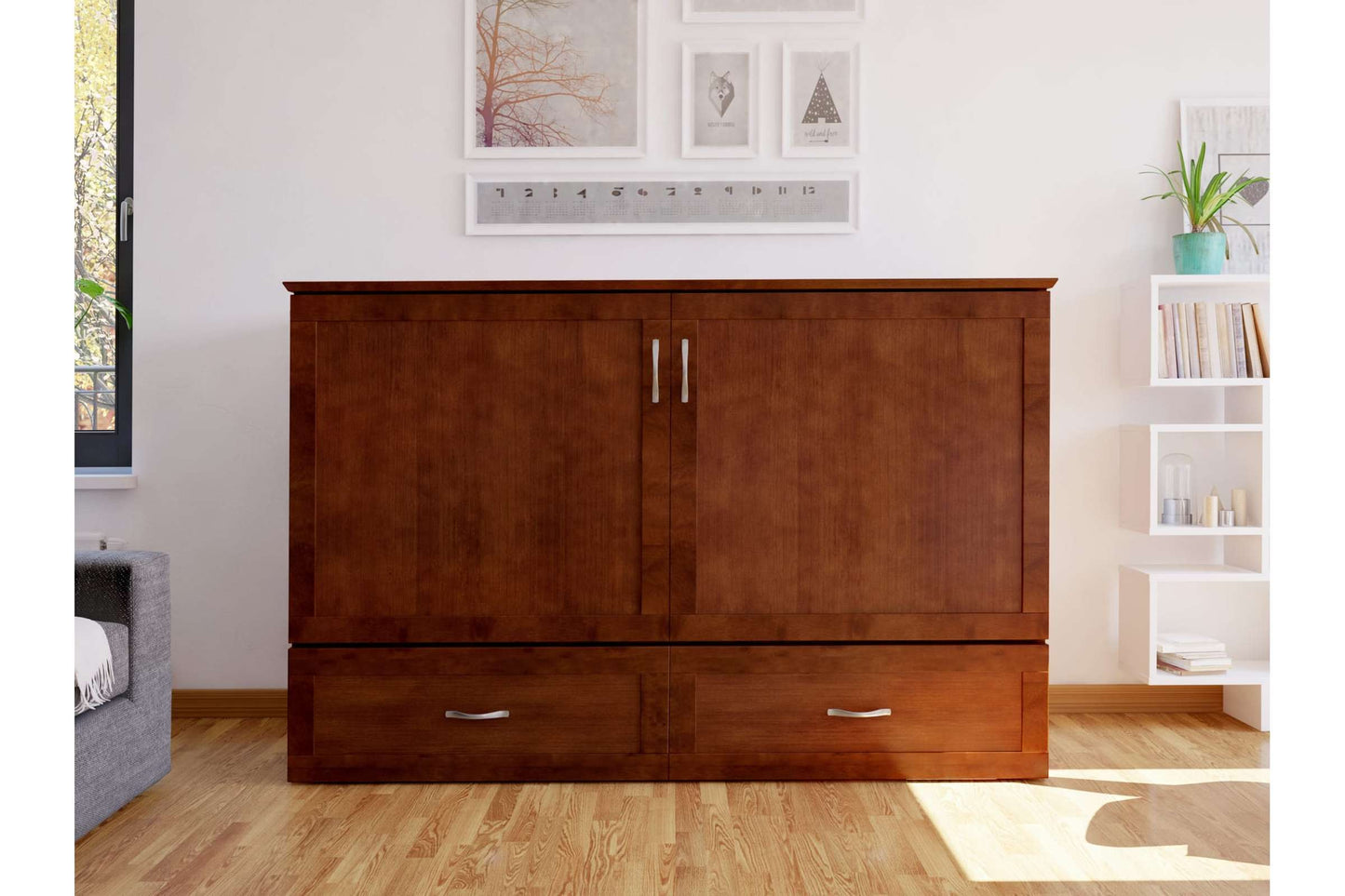 Raleigh Modern Queen Solid Wood Murphy Bed Chest with Mattress in Walnut by AFI Furnishing