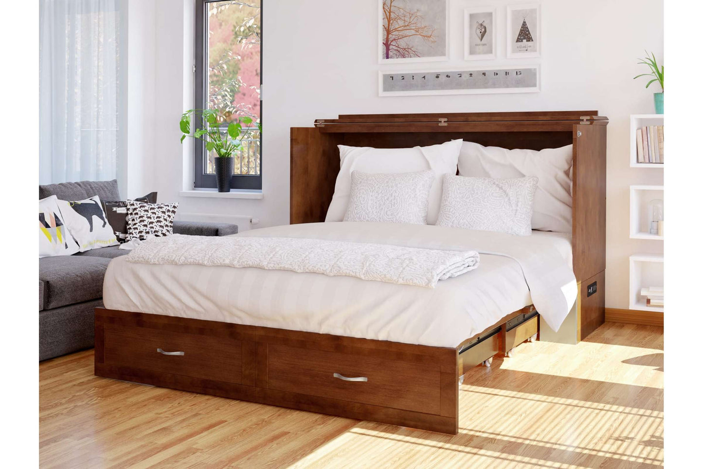 Raleigh Modern Queen Solid Wood Murphy Bed Chest with Mattress in Walnut by AFI Furnishing