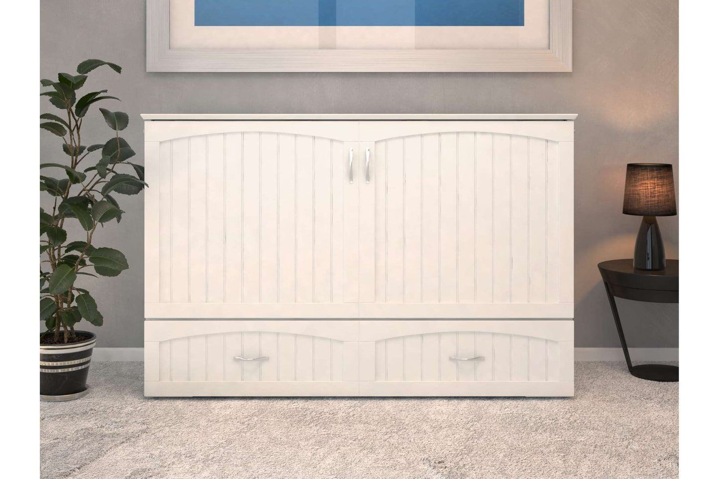 Aspen Mid-Century Modern Queen Solid Wood Murphy Bed Chest with Mattress in White - AFI Furnishings