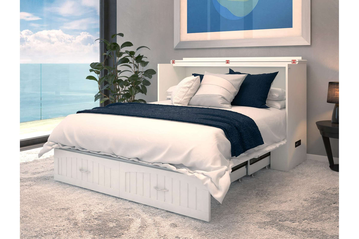 Aspen Mid-Century Modern Queen Solid Wood Murphy Bed Chest with Mattress in White - AFI Furnishings