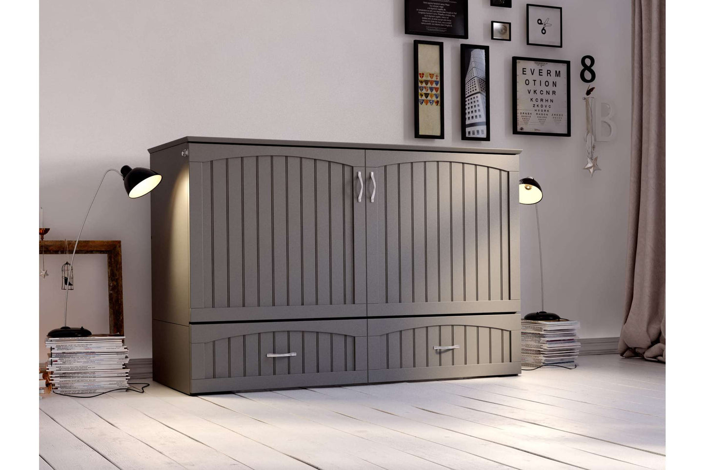 Aspen Mid-Century Modern Queen Solid Wood Murphy Bed Chest with Mattress in Grey - Space-Saving & Stylish