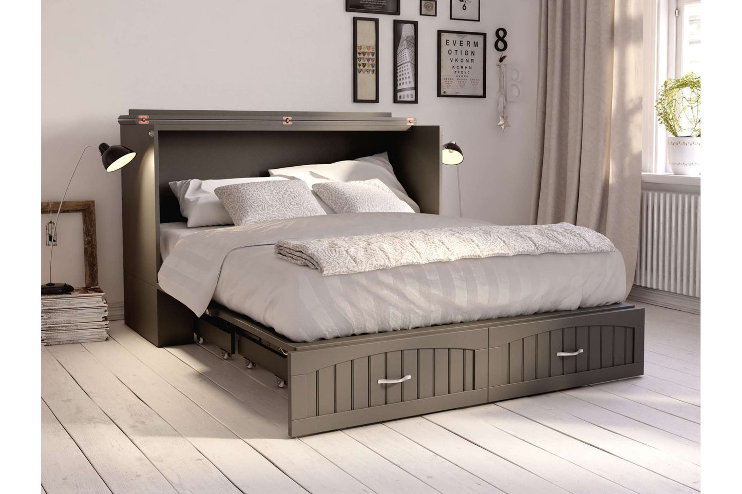 Aspen Mid-Century Modern Queen Solid Wood Murphy Bed Chest with Mattress in Grey - Space-Saving & Stylish