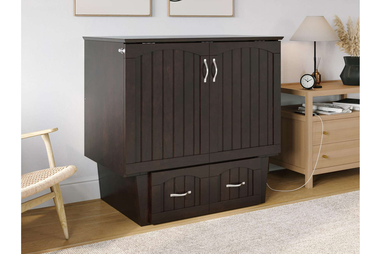 Sydney Twin Wood Murphy Bed Chest with Storage Drawer & Charging Station in Espresso