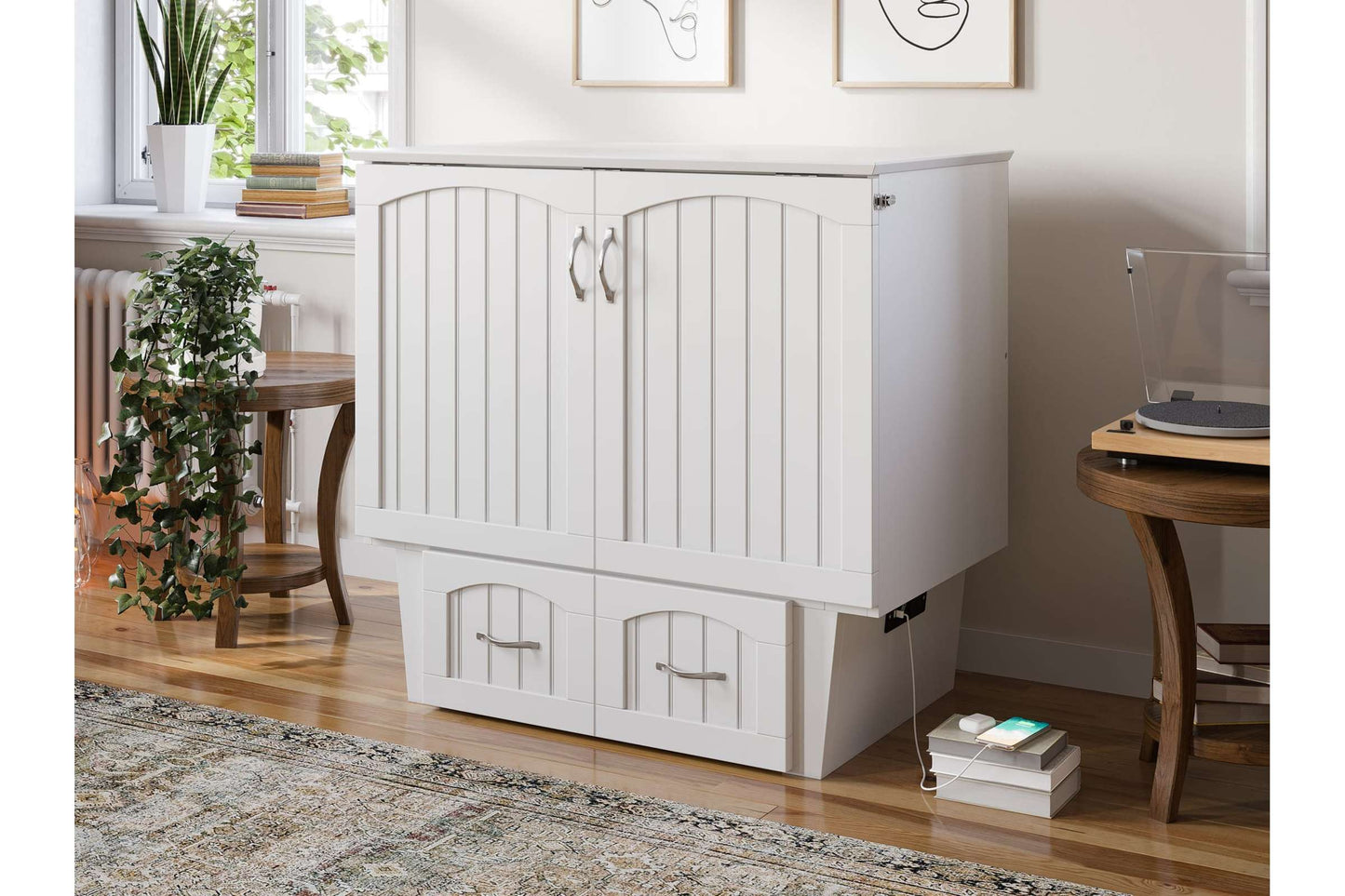 Sydney Twin Wood Murphy Bed Chest with Storage Drawer & Charging Station - White