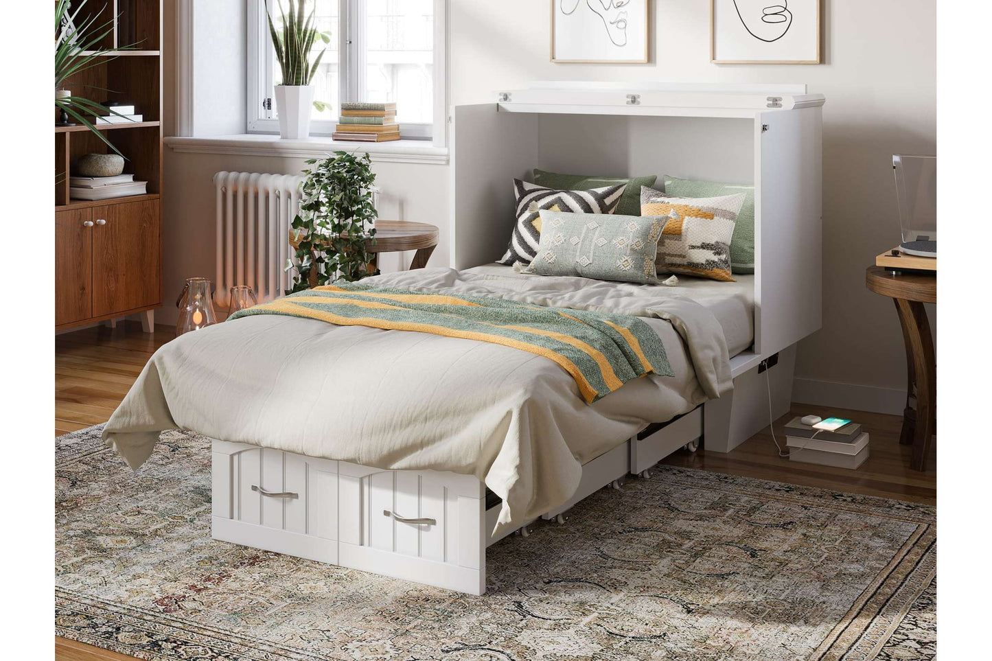Sydney Twin Wood Murphy Bed Chest with Storage Drawer & Charging Station - White