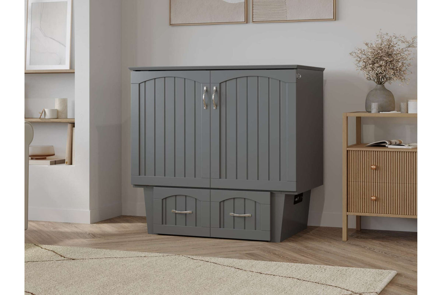 Grey Sydney Twin Wood Murphy Bed Chest with Storage Drawer & Charging Station - AFI Furnishings