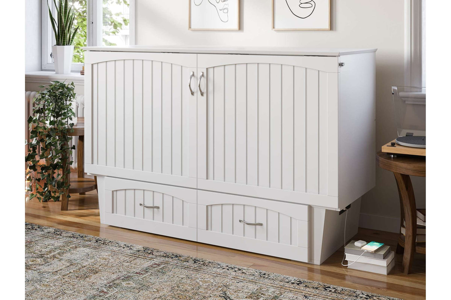 Sydney Modern Coastal Queen Solid Wood Murphy Bed Chest with Mattress in White - AFI Furnishings