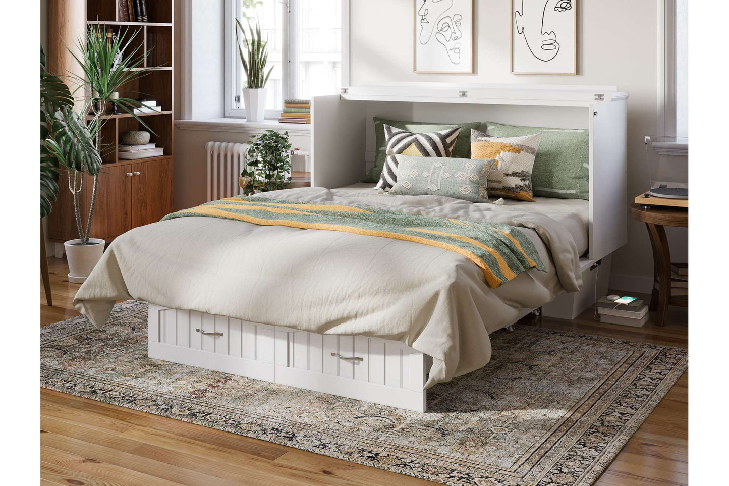 Sydney Modern Coastal Queen Solid Wood Murphy Bed Chest with Mattress in White - AFI Furnishings