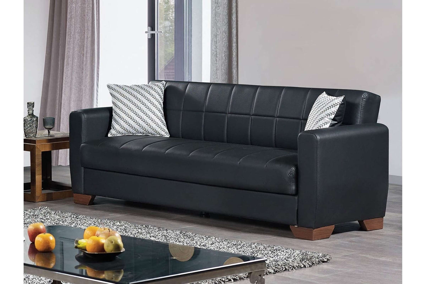 Orbit Black PU Leather Convertible Sofa Bed with Storage