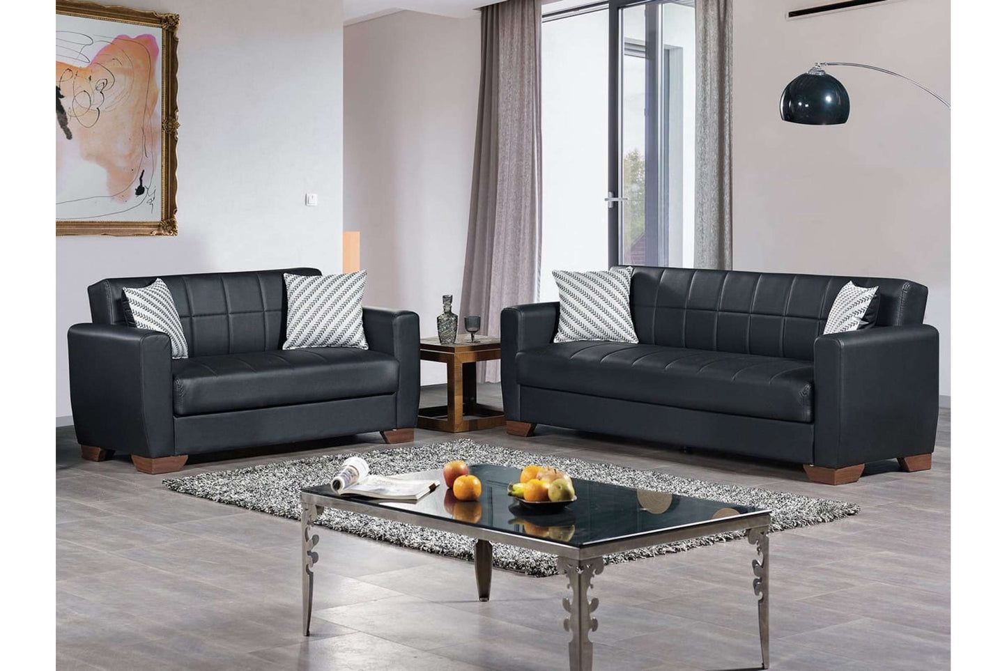 Orbit Black PU Leather Convertible Sofa Bed with Storage