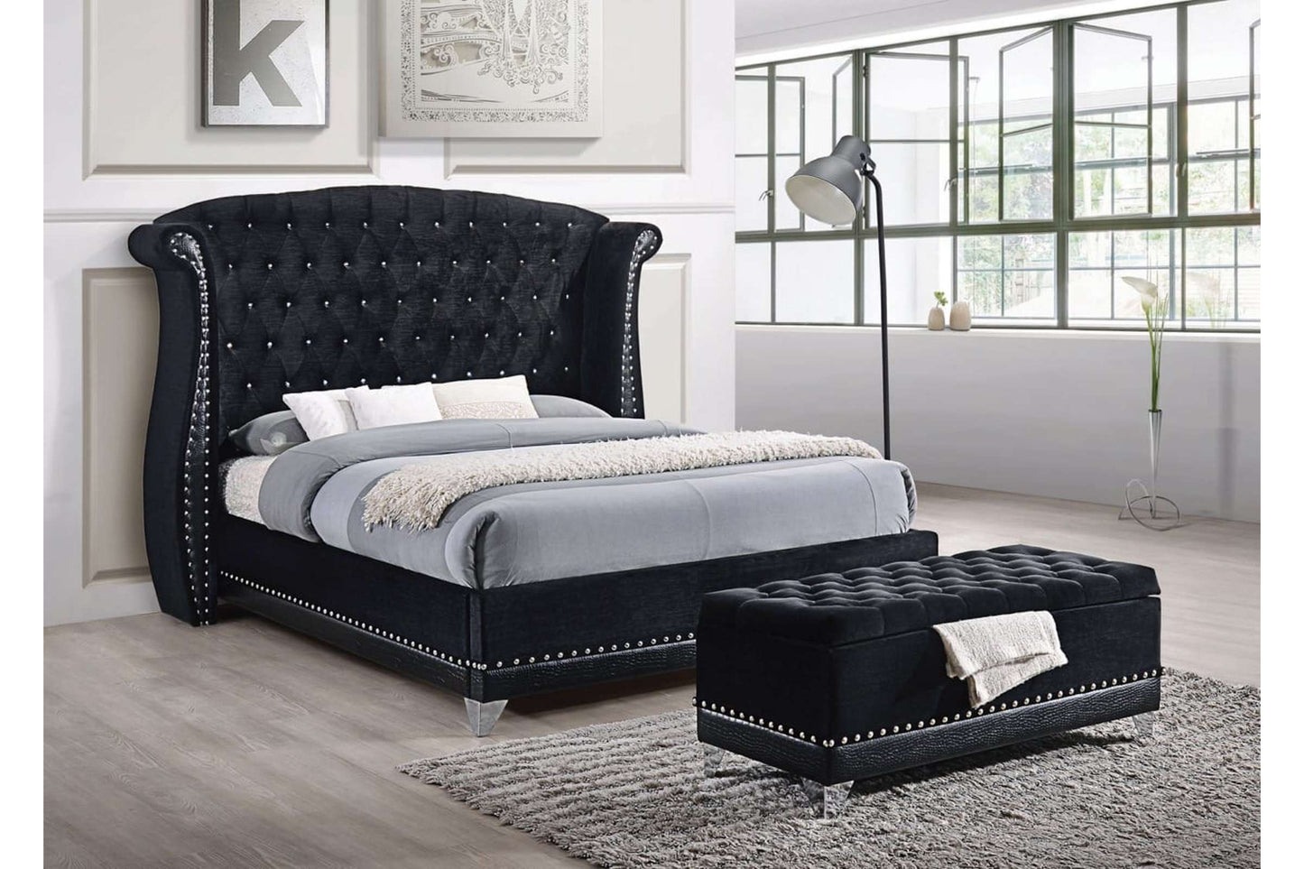 Barzini Queen Tufted Upholstered Bed with Wingback Design in Black