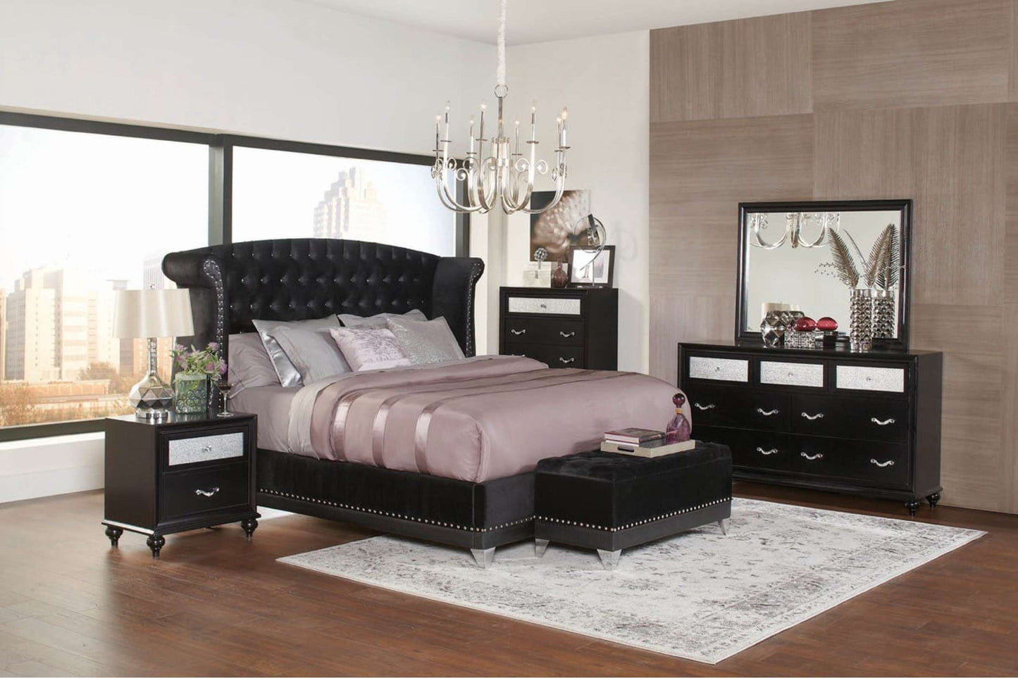 Barzini Queen Tufted Upholstered Bed with Wingback Design in Black