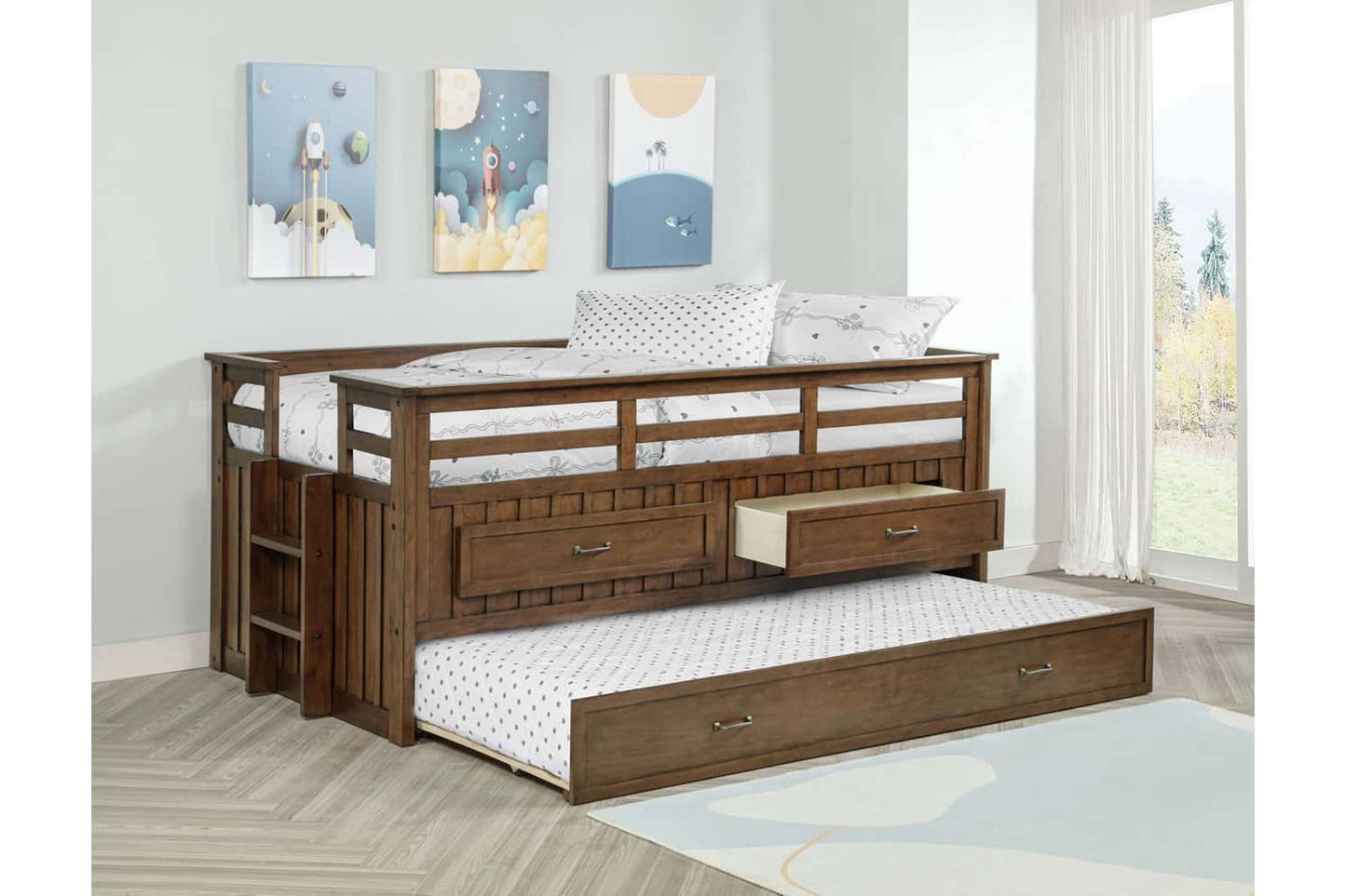 Carlsbad Wood Twin Captain's Bed with Trundle in Medium Brown
