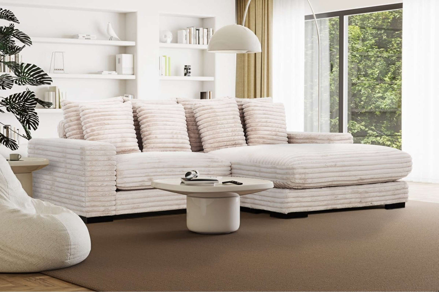 Cocoon Oversized Plunge Chaise Sectional Sofa in Taupe Corduroy - Reversible, Cupholder & USB