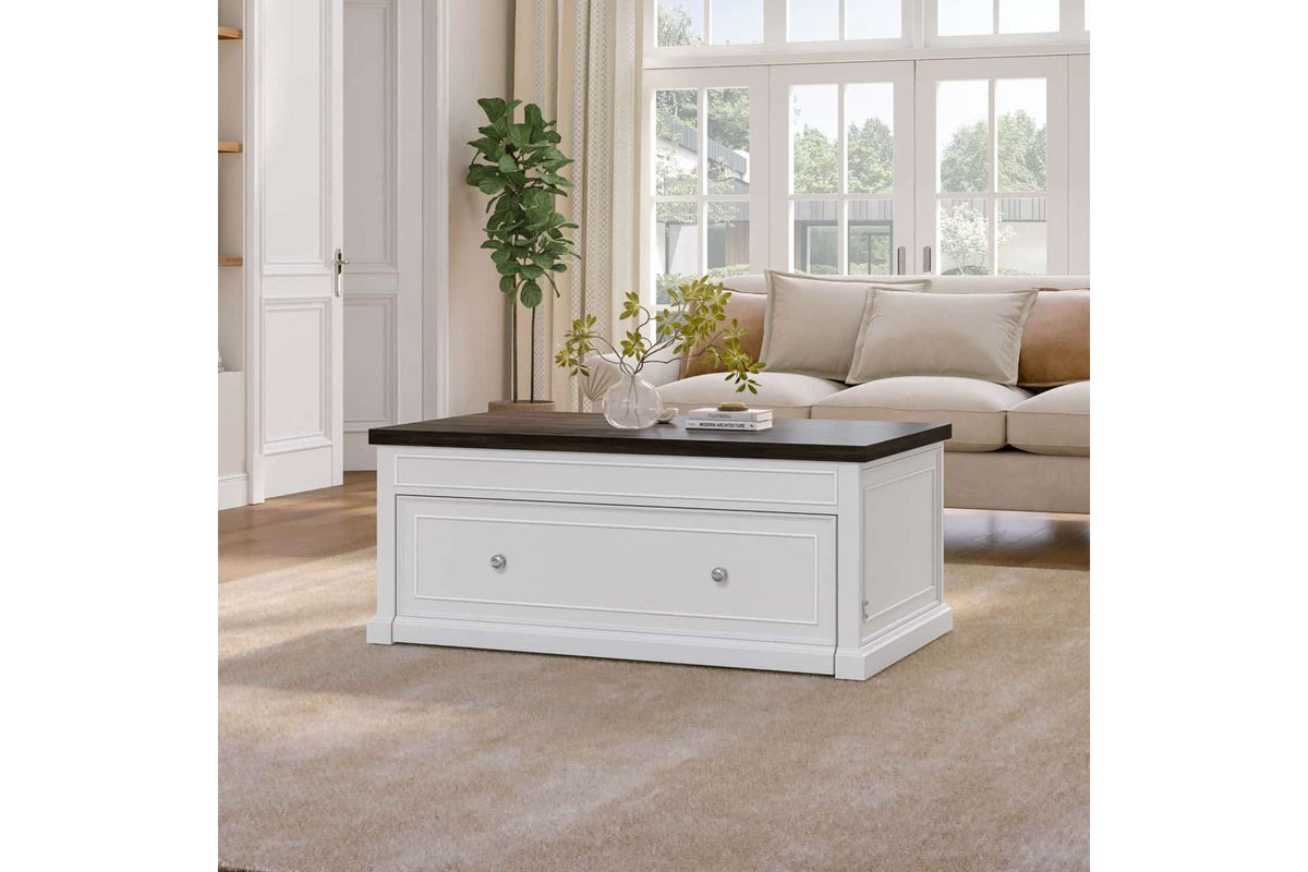 Soren Twin Lift Top Coffee Table with Convertible Bed Functionality in White and Brown