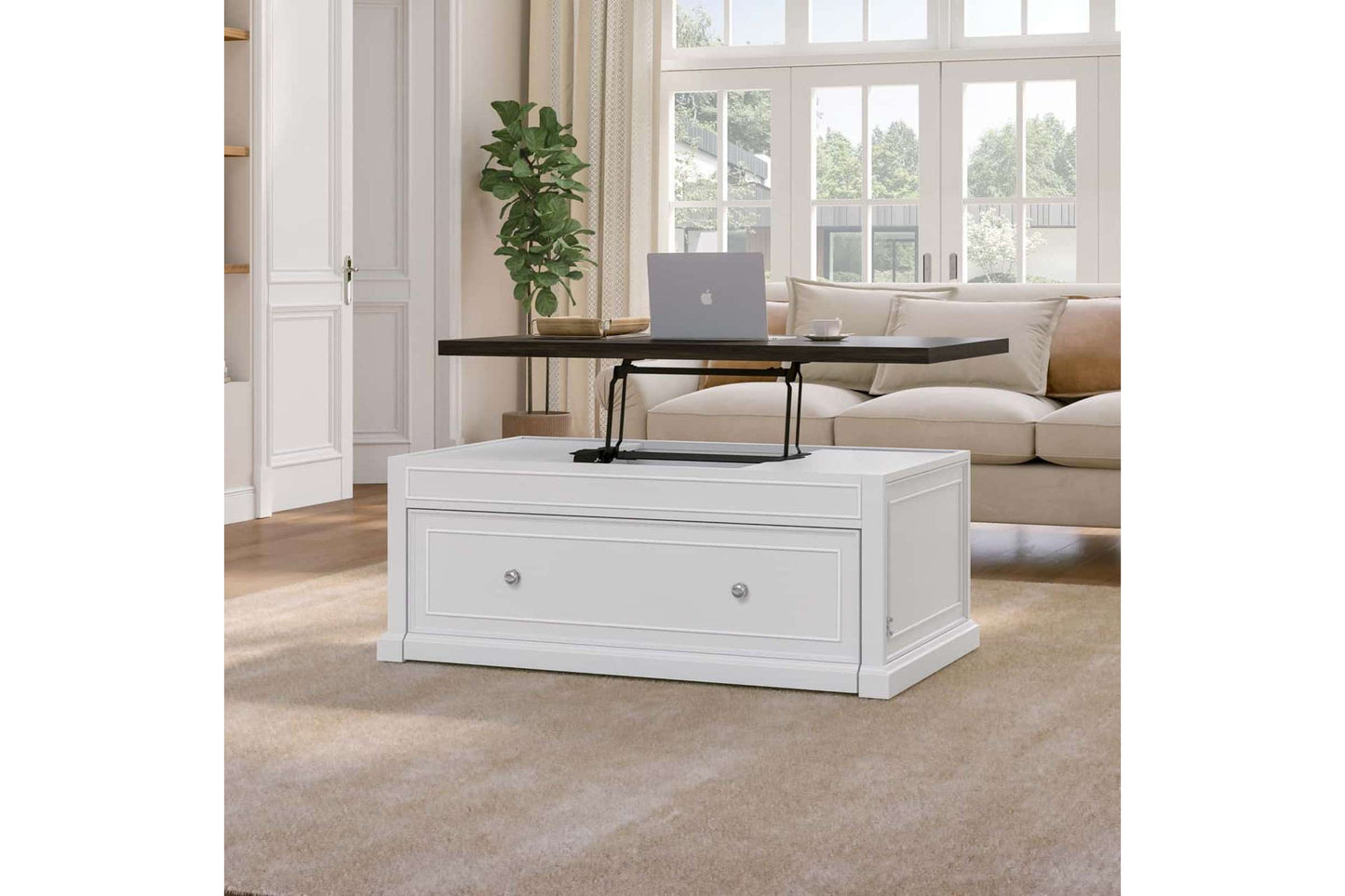 Soren Twin Lift Top Coffee Table with Convertible Bed Functionality in White and Brown