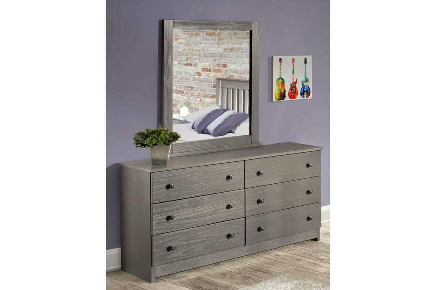 6 Drawer Double Dresser, Gray Solid Pine Wood