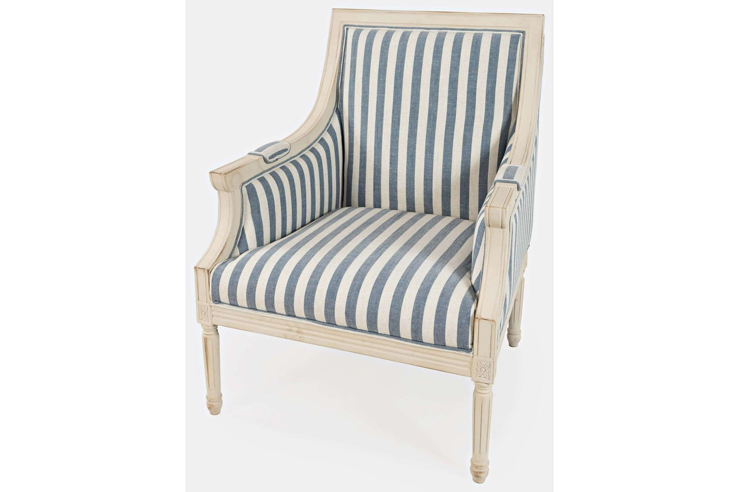 Mckenna Blue Stripe Accent Chair with Exposed Solid Wood Frame and Upholstered Arms