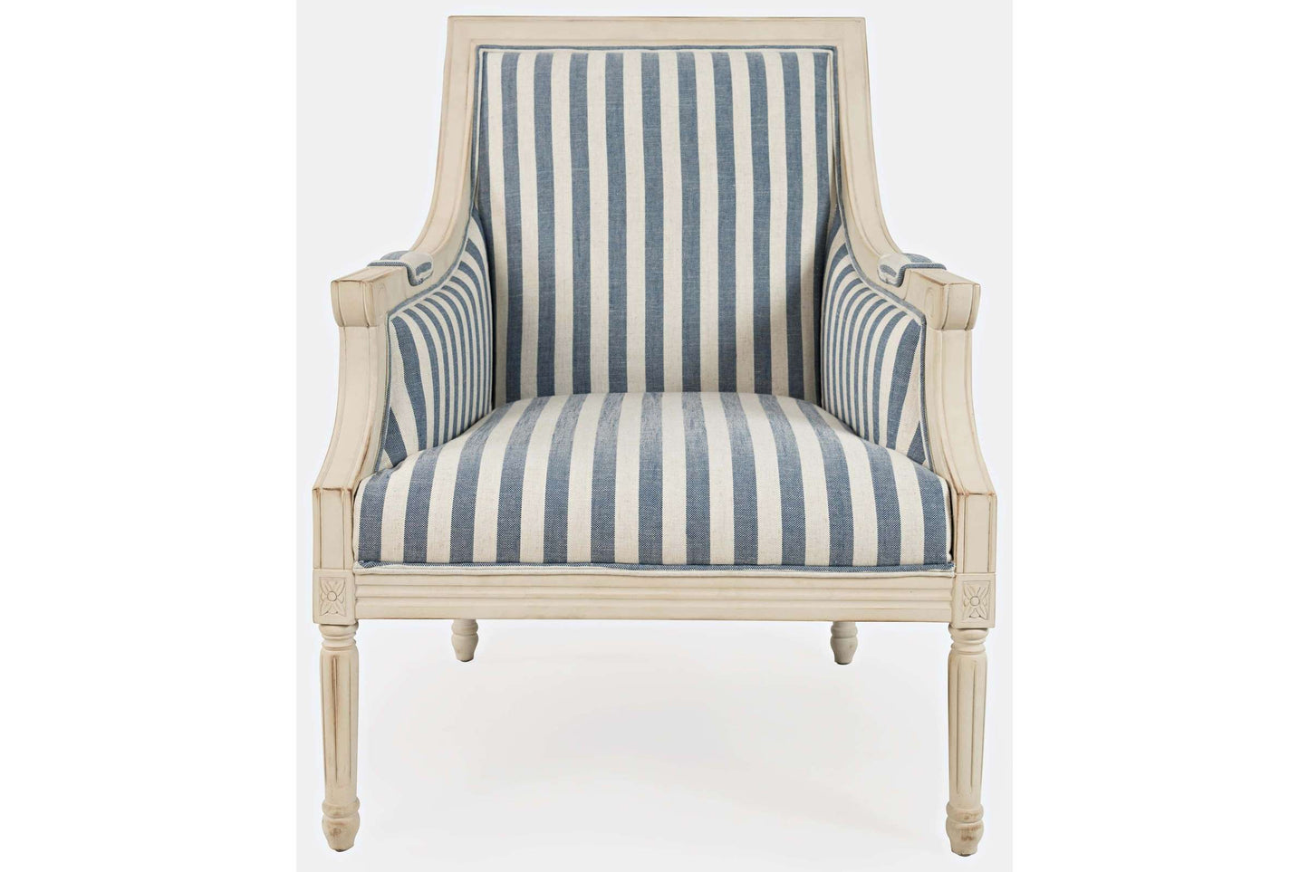 Mckenna Blue Stripe Accent Chair with Exposed Solid Wood Frame and Upholstered Arms