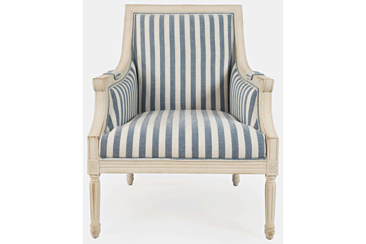 Mckenna Blue Stripe Accent Chair with Exposed Solid Wood Frame and Upholstered Arms