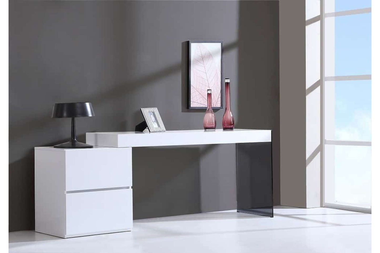 Mia Modern White High Gloss Office Desk with Smoked Gray Glass Leg