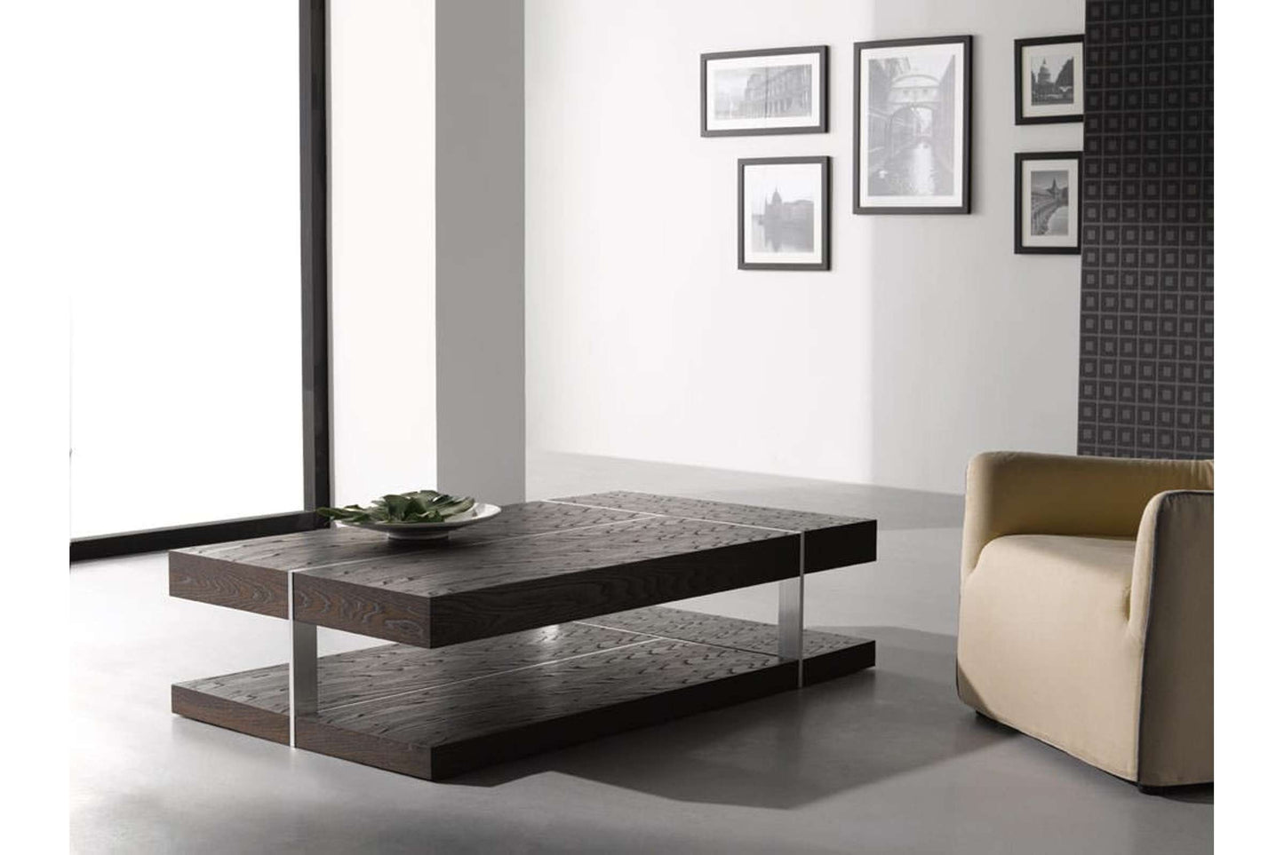 Modern Coffee Table 857A Zebrano Wood Veneer with Brushed Metal Accent