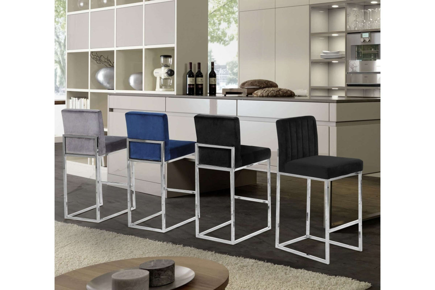 Giselle Navy Blue Velvet Counter Stool (Set of 2) - Modern Home Bar Seating