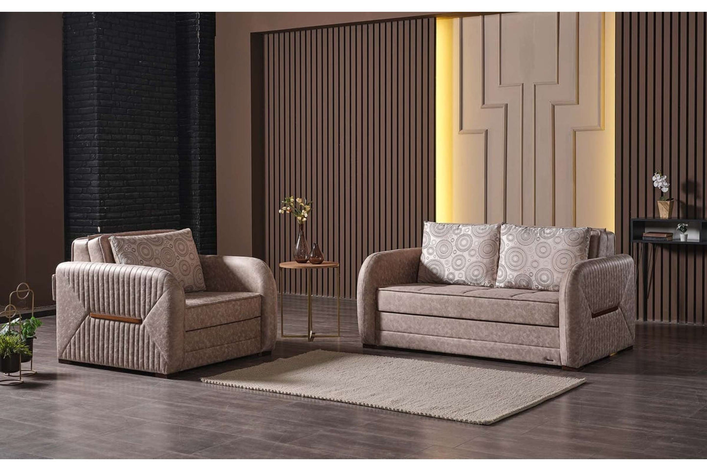 Speedy Beige Fabric Convertible Loveseat with Hidden Storage and Zero-Wall Mechanism