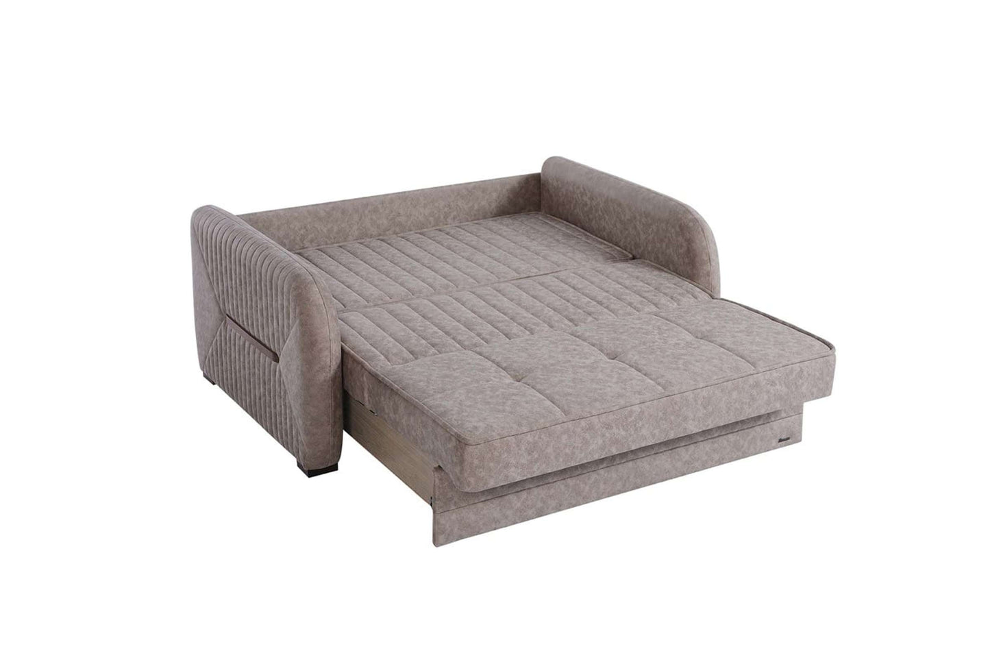Speedy Beige Fabric Convertible Loveseat with Hidden Storage and Zero-Wall Mechanism