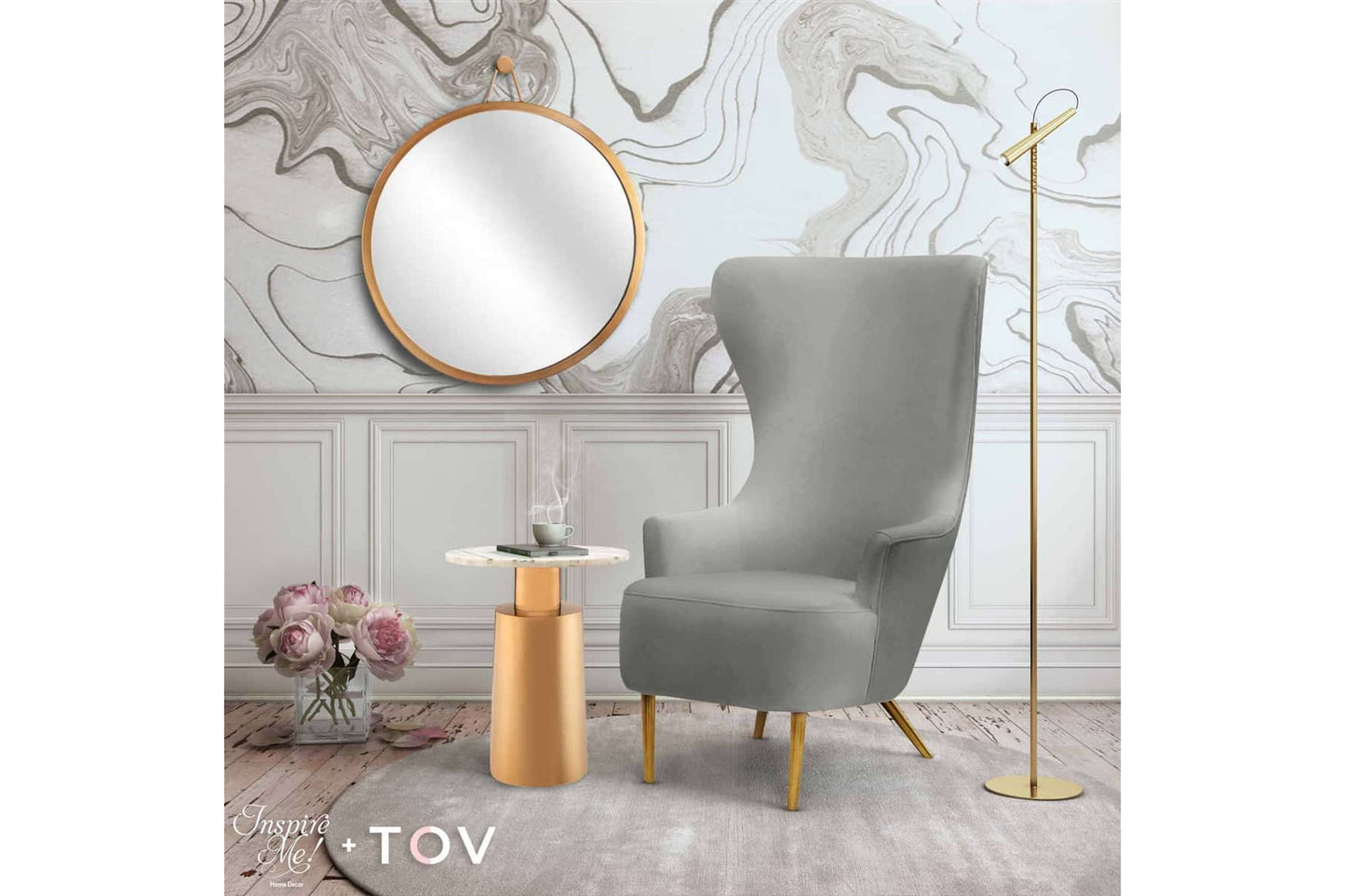 Julia Gray Wingback Chair by TOV Furniture - Luxurious Velvet Accent Chair