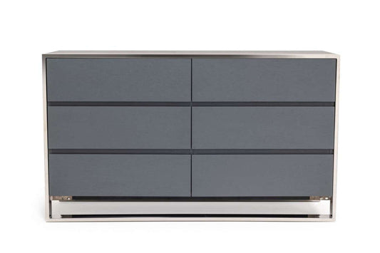 Modrest Jolene Modern Grey Oak Veneer 6-Drawer Dresser with Stainless Steel Frame