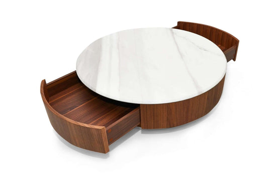 Nova Domus Hilton Modern Walnut and White Marble Round Coffee Table