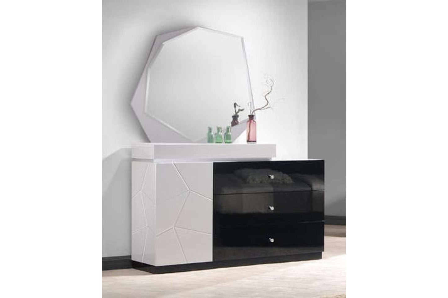 Turin Black and Light Gray Lacquer Dresser with Mirror - Modern Bedroom Furniture